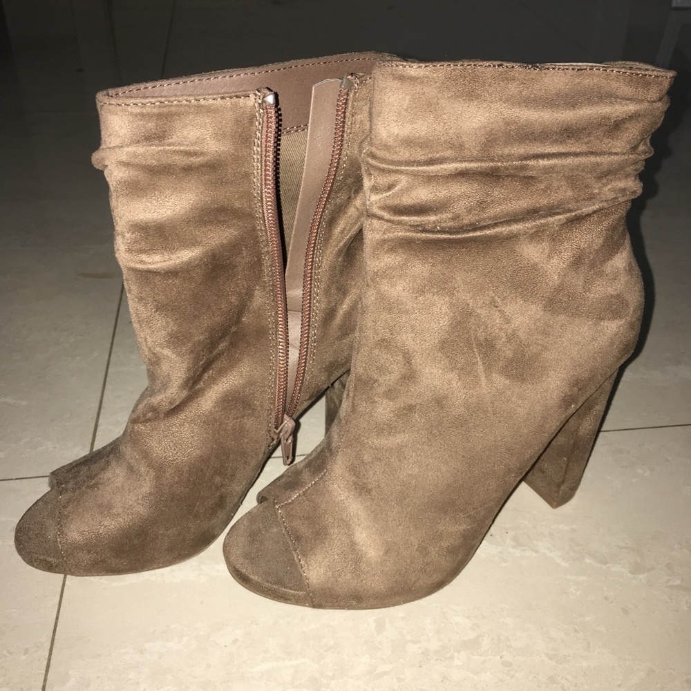 Faux suede peep toe ankle bootie